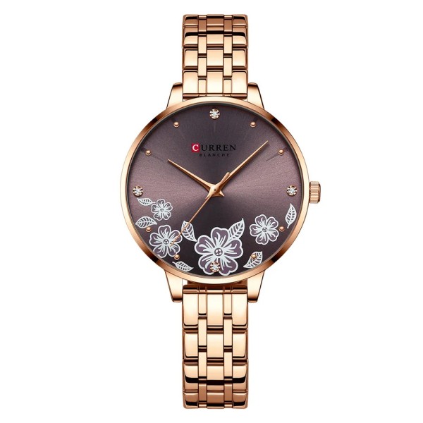 Женские классические часы Curren C9068L Gold Cofee с минеральным стеклом и золотистым браслетом