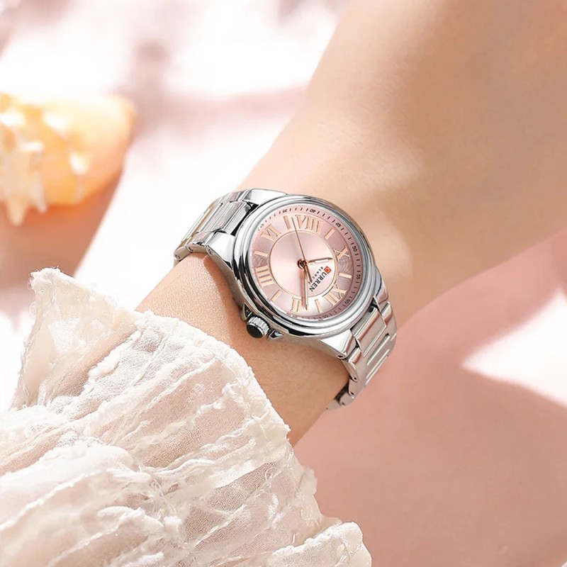 Женские наручные часы Curren 9091 Silver-Pink с розовым циферблатом и серебристым браслетом