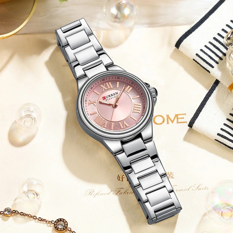 Женские наручные часы Curren 9091 Silver-Pink с розовым циферблатом и серебристым браслетом
