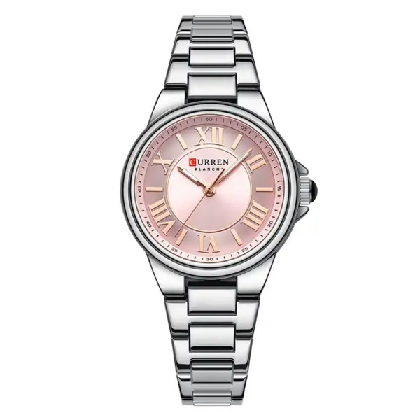 Женские наручные часы Curren 9091 Silver-Pink с розовым циферблатом и серебристым браслетом