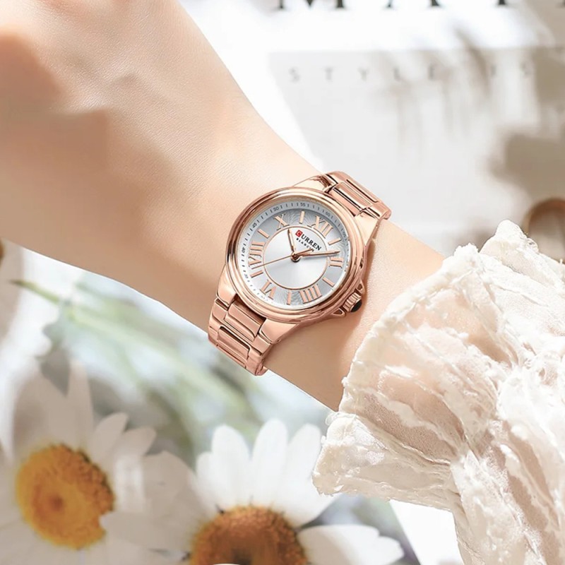Женские наручные часы Curren 9091 Rose Gold-White в классическом стиле с металлическим браслетом