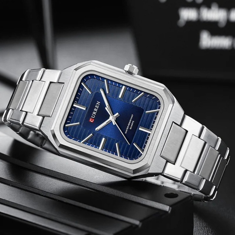 Мужские часы Curren 8457 Silver-Blue с кварцевым механизмом и прямоугольным корпусом