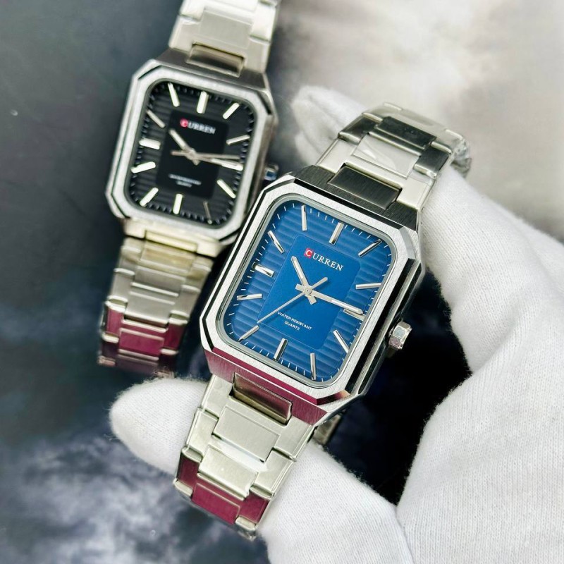 Мужские часы Curren 8457 Silver-Blue с кварцевым механизмом и прямоугольным корпусом