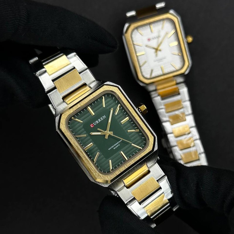 Мужские часы Curren 8457 Gold-Green с минеральным стеклом и комбинированным браслетом