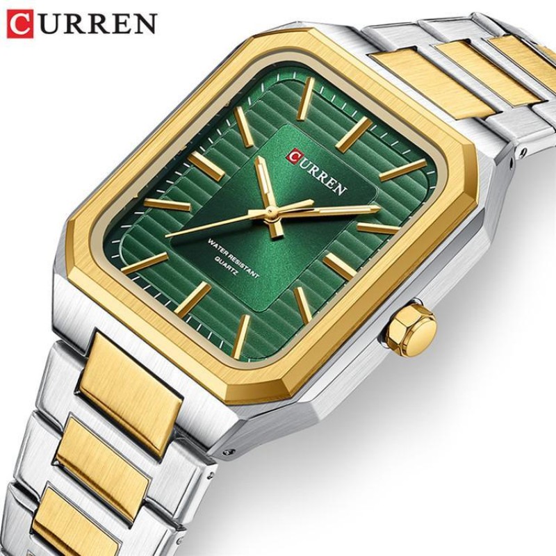 Мужские часы Curren 8457 Gold-Green с минеральным стеклом и комбинированным браслетом