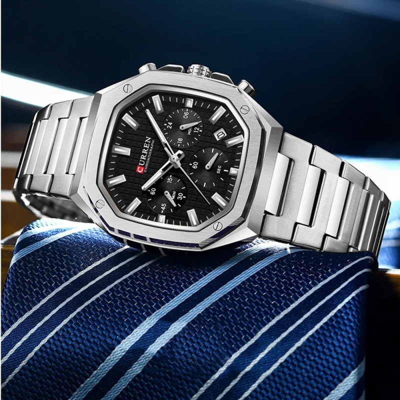Мужские часы Curren 8459 Silver-Black с хронографом и стальным браслетом