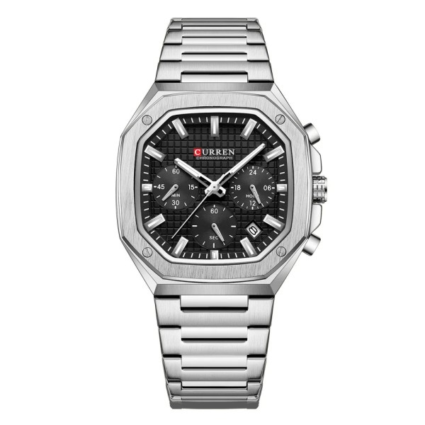 Мужские часы Curren 8459 Silver-Black с хронографом и стальным браслетом