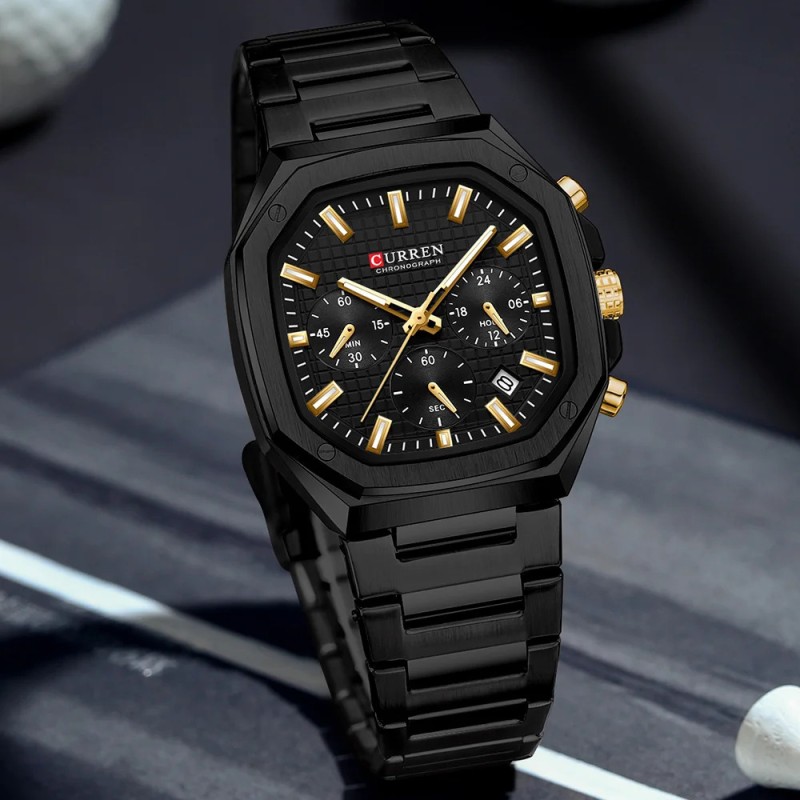 Чоловічий годинник Curren 8459 Black з хронографом та сталевим браслетом