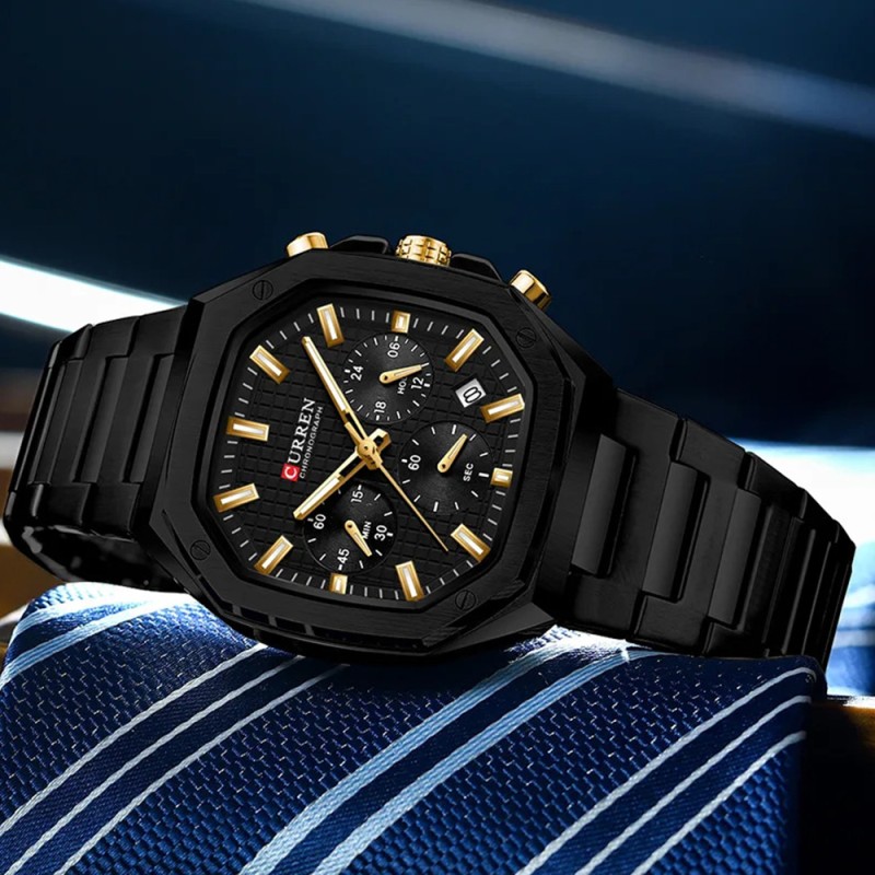 Чоловічий годинник Curren 8459 Black з хронографом та сталевим браслетом