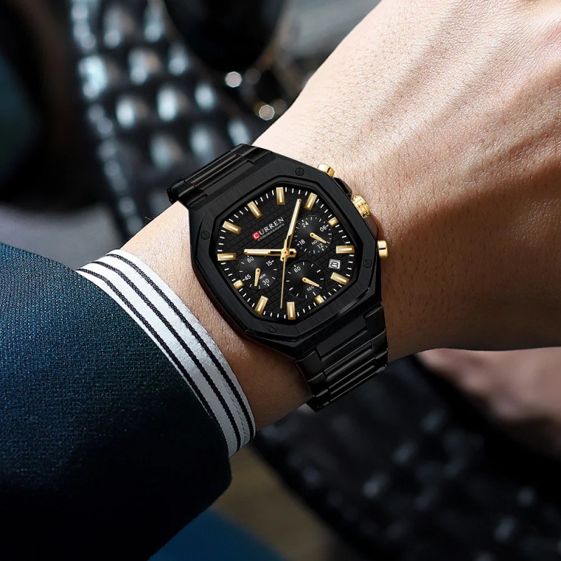 Чоловічий годинник Curren 8459 Black з хронографом та сталевим браслетом