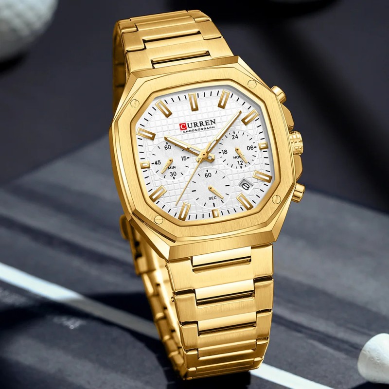 Мужские часы Curren 8459 Gold-White с хронографом и золотистым браслетом