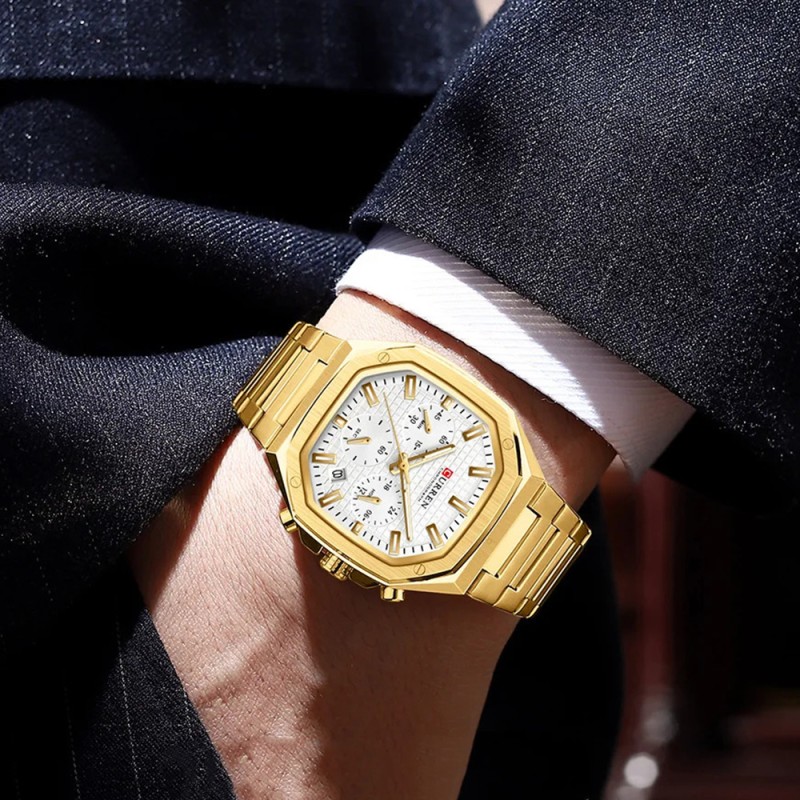 Мужские часы Curren 8459 Gold-White с хронографом и золотистым браслетом