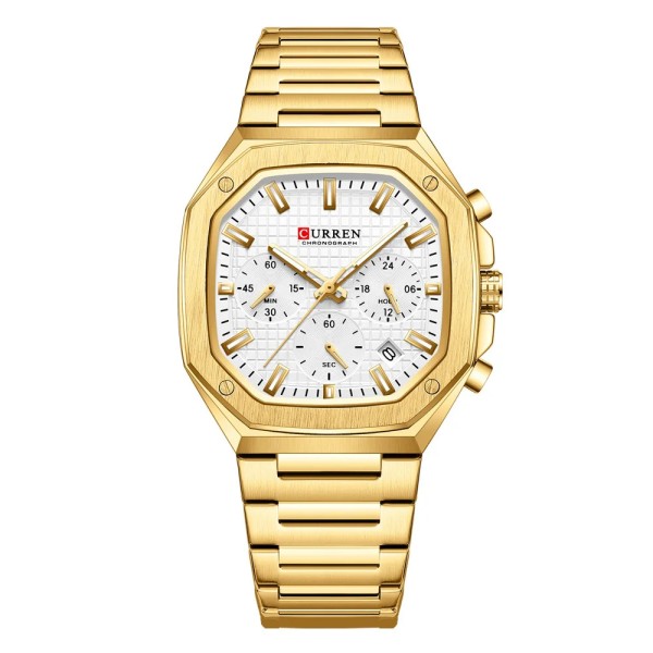 Мужские часы Curren 8459 Gold-White с хронографом и золотистым браслетом