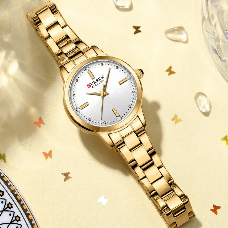 Женские часы Curren 9094 Gold-White с золотистым браслетом и минеральным стеклом