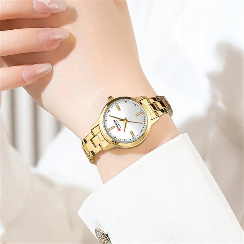 Женские часы Curren 9094 Gold-White с золотистым браслетом и минеральным стеклом