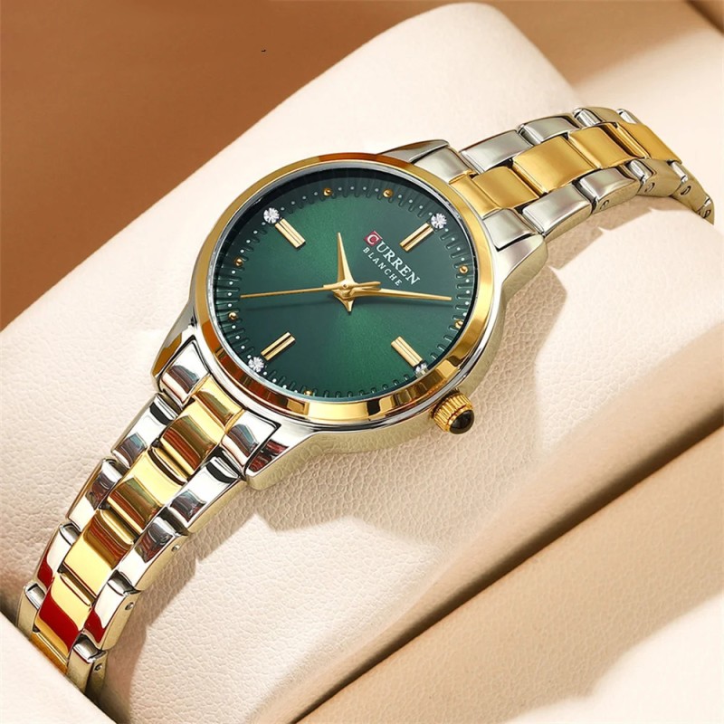 Женские классические часы Curren 9094 Silver-Gold-Green с минеральным стеклом и стальным браслетом