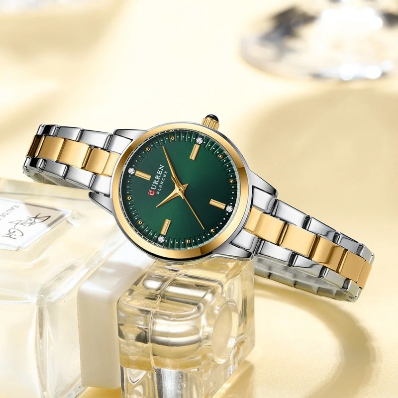 Женские классические часы Curren 9094 Silver-Gold-Green с минеральным стеклом и стальным браслетом
