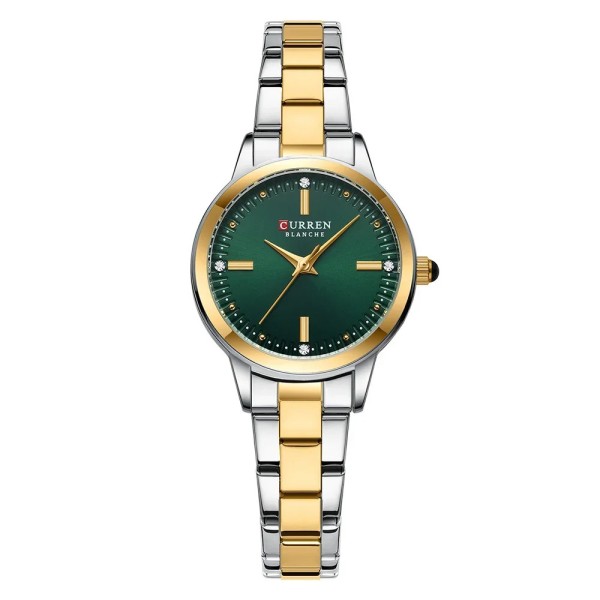 Женские классические часы Curren 9094 Silver-Gold-Green с минеральным стеклом и стальным браслетом