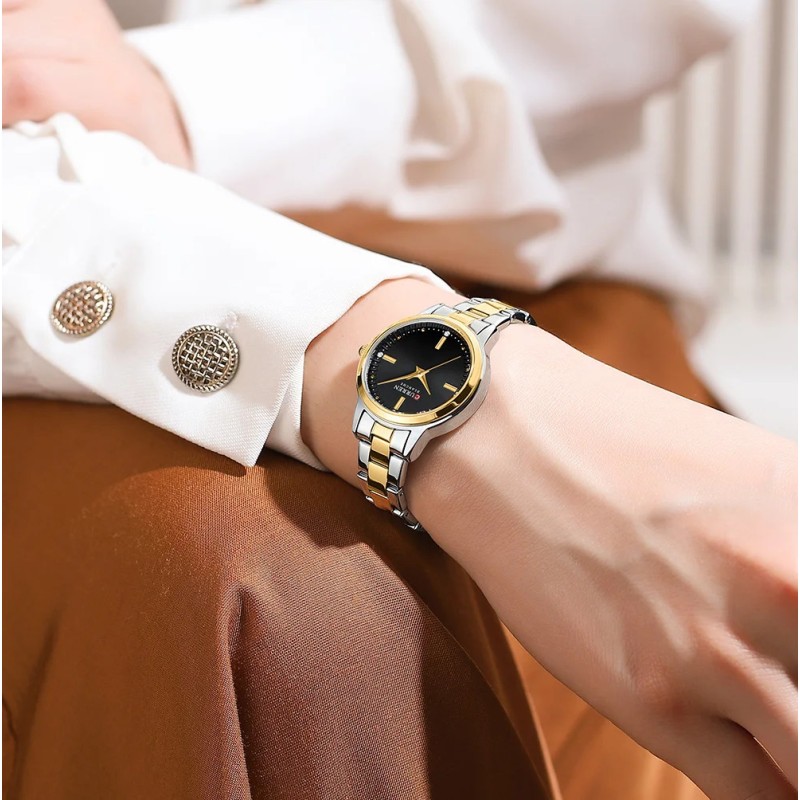 Женские часы Curren 9094 Silver-Gold-Black с минеральным стеклом и стальным браслетом