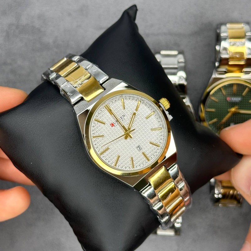 Мужские часы Curren 8439L Silver-Gold-Green с зеленым циферблатом и металлическим браслетом