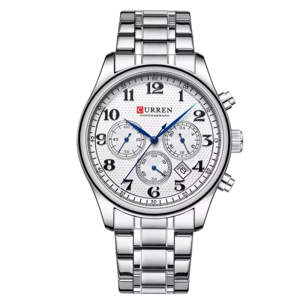 Мужские часы Curren 8466 Silver-White с серебристым браслетом и функцией хронографа
