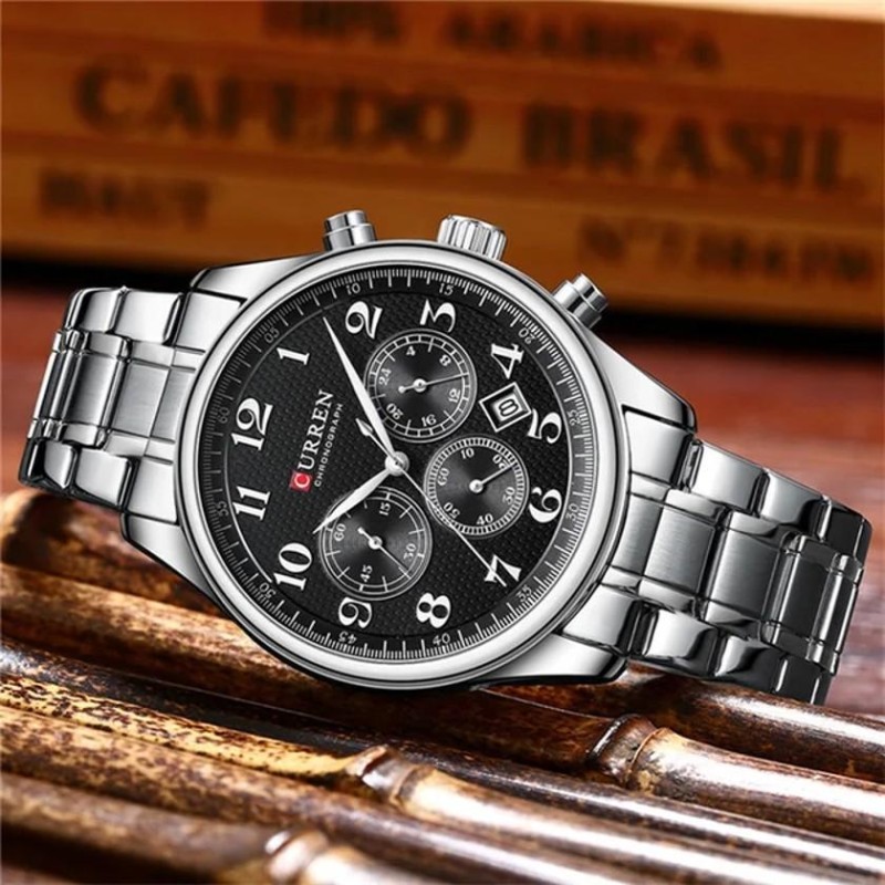 Мужские наручные часы Curren 8466 Silver-Black со стальным браслетом и хронографом