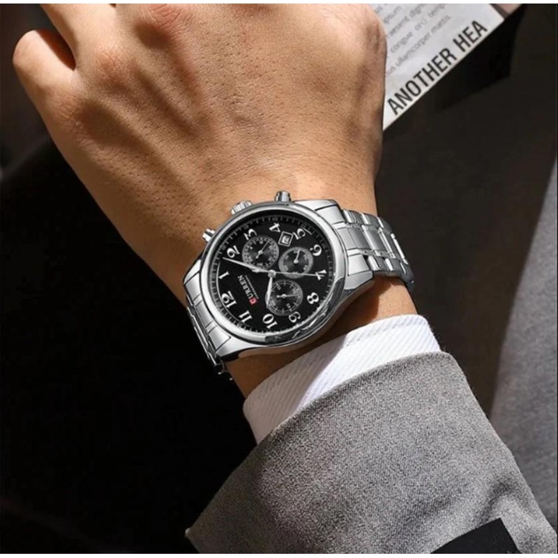 Мужские наручные часы Curren 8466 Silver-Black со стальным браслетом и хронографом