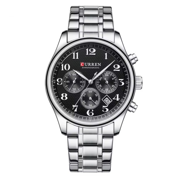 Мужские наручные часы Curren 8466 Silver-Black со стальным браслетом и хронографом