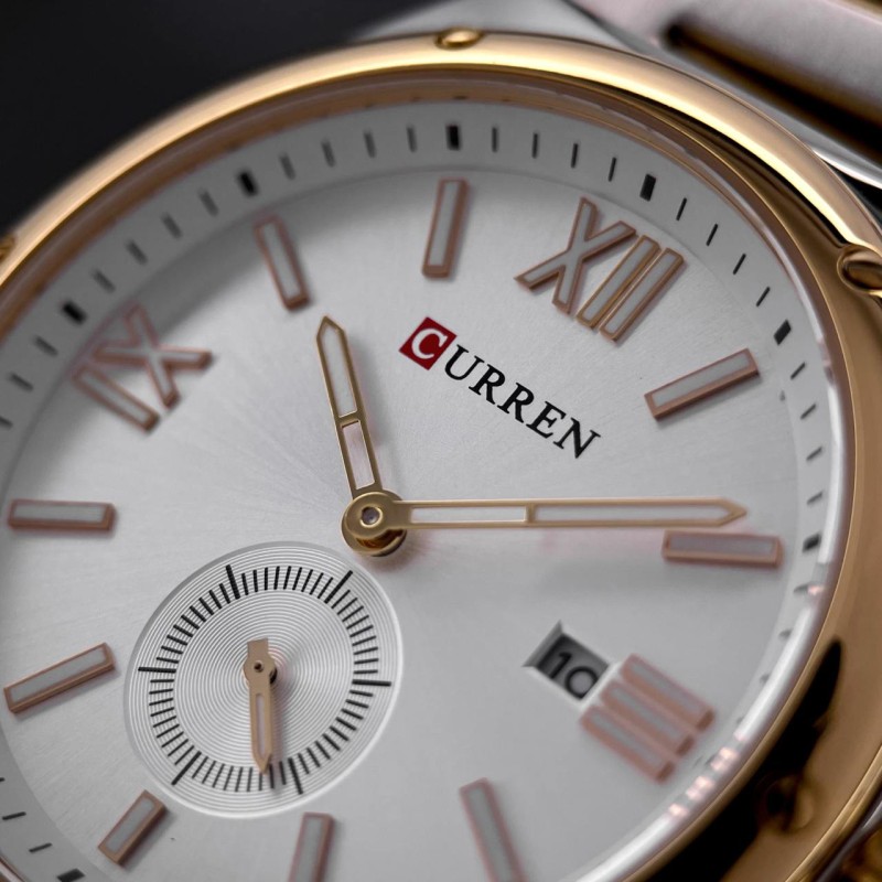 Чоловічий класичний годинник Curren 8471 Silver-Gold-White зі сталевим браслетом та календарем