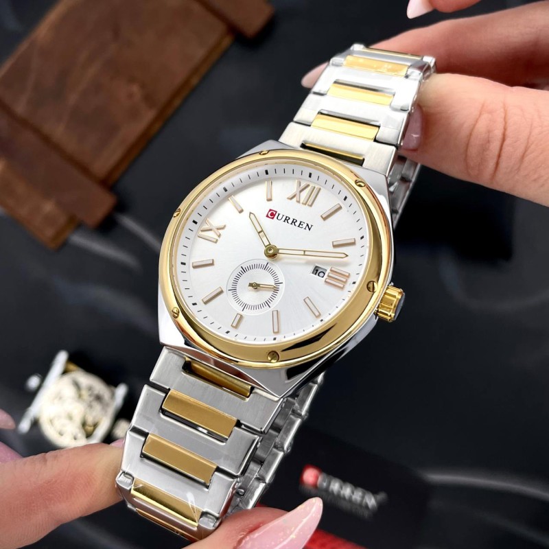 Чоловічий класичний годинник Curren 8471 Silver-Gold-White зі сталевим браслетом та календарем