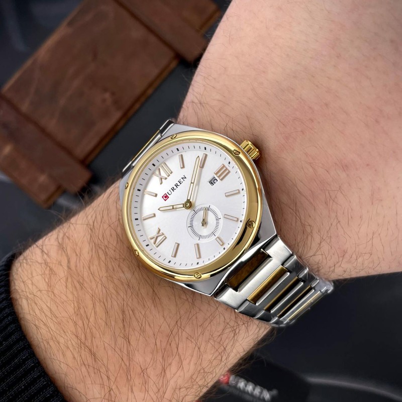 Чоловічий класичний годинник Curren 8471 Silver-Gold-White зі сталевим браслетом та календарем