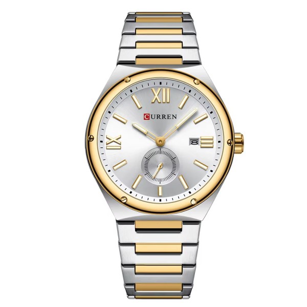 Чоловічий класичний годинник Curren 8471 Silver-Gold-White зі сталевим браслетом та календарем
