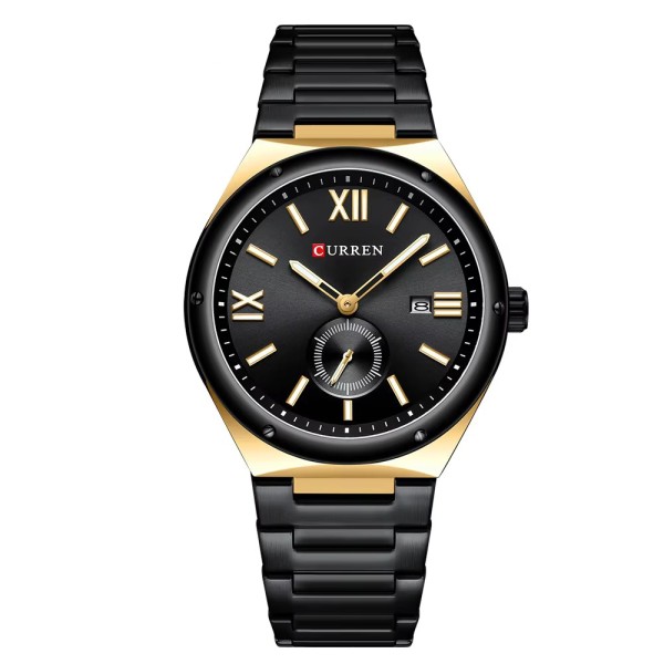 Чоловічий годинник Curren 8471 Black-Gold-Black з металевим браслетом та індикацією дати