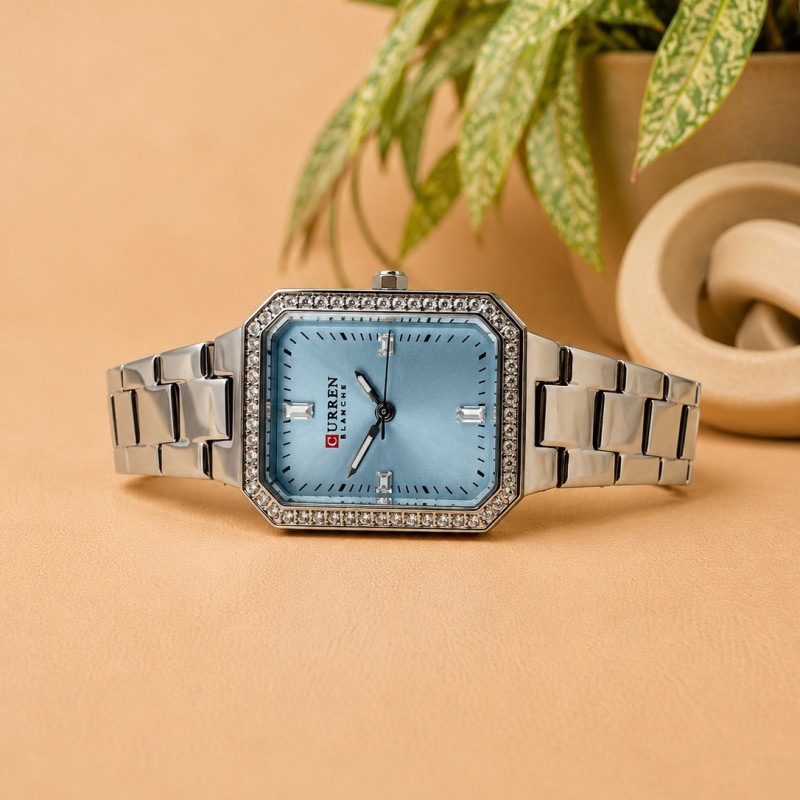 Женские часы Curren 9102 Silver-Blue с прямоугольным корпусом и серебристым браслетом