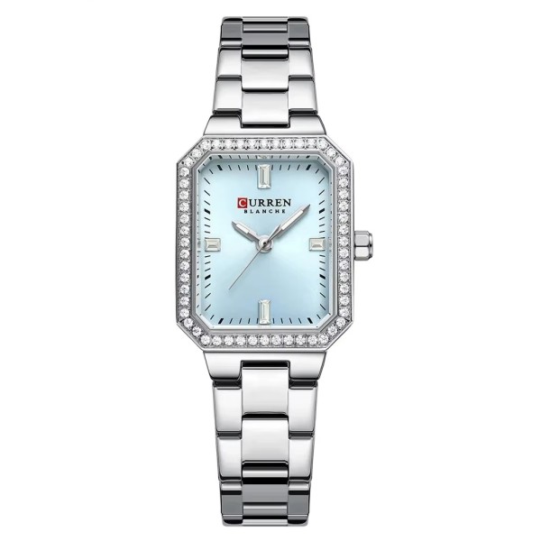 Женские часы Curren 9102 Silver-Blue с прямоугольным корпусом и серебристым браслетом