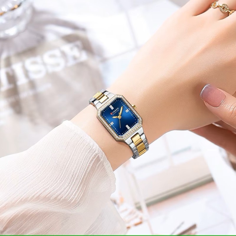 Женские часы Curren 9102 Silver-Gold-Blue со стальным браслетом и синим циферблатом