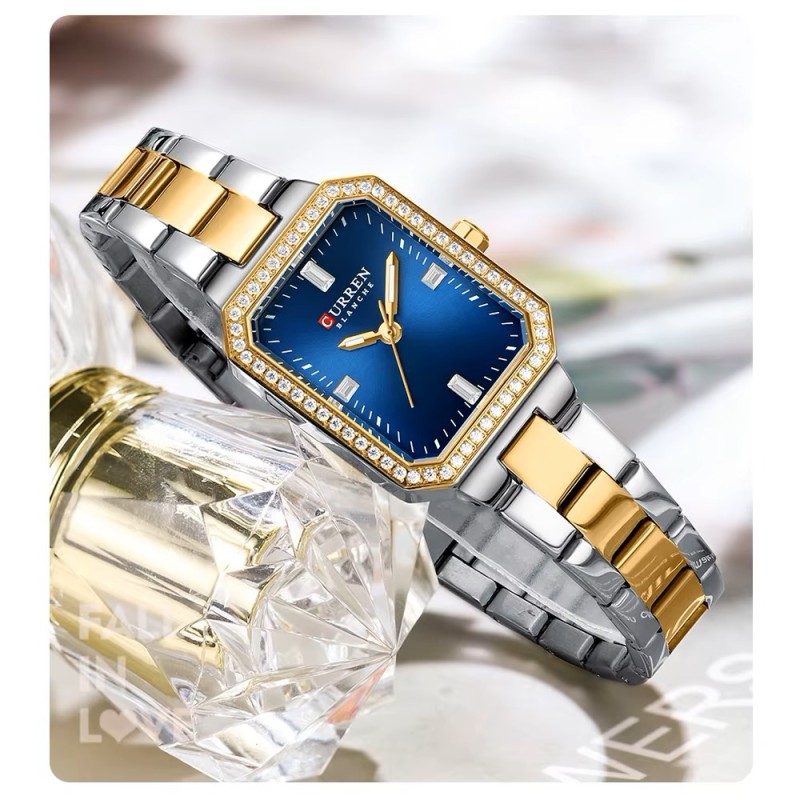 Женские часы Curren 9102 Silver-Gold-Blue со стальным браслетом и синим циферблатом