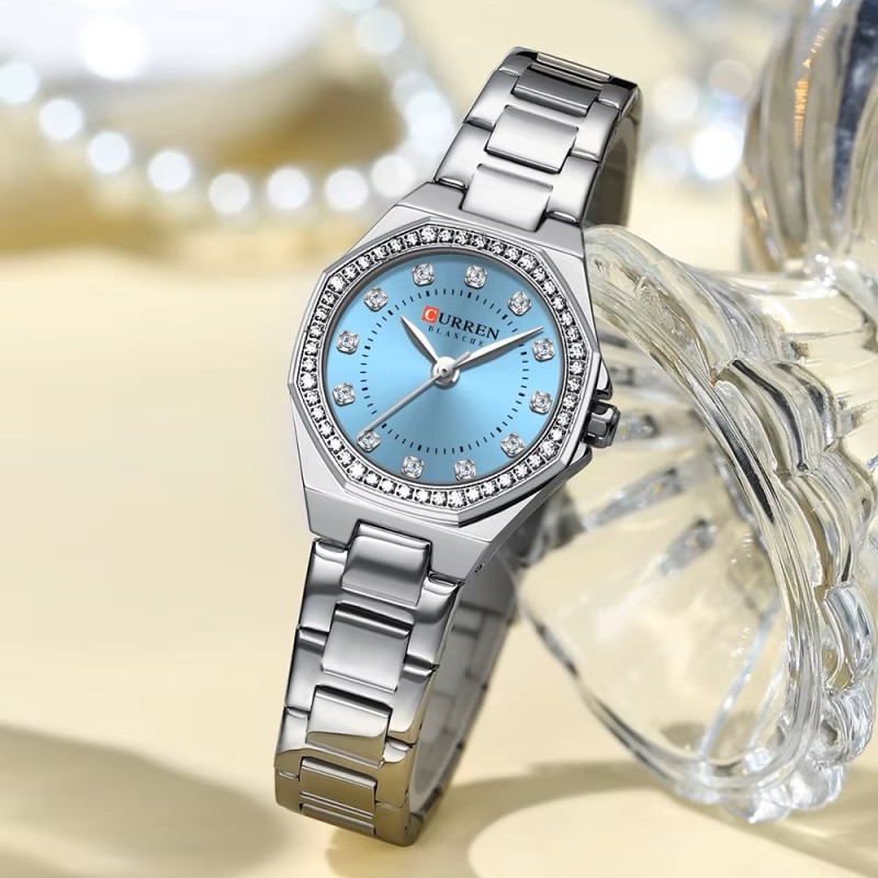 Жіночий годинник Curren 9100 Silver-Blue зі сріблястим браслетом та синім циферблатом