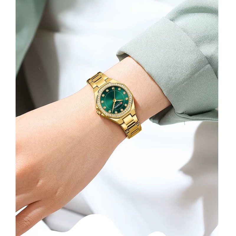Женские наручные часы Curren 9100 Gold-Green с золотистым браслетом и зеленым циферблатом