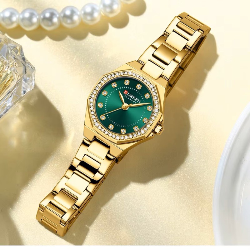 Женские наручные часы Curren 9100 Gold-Green с золотистым браслетом и зеленым циферблатом