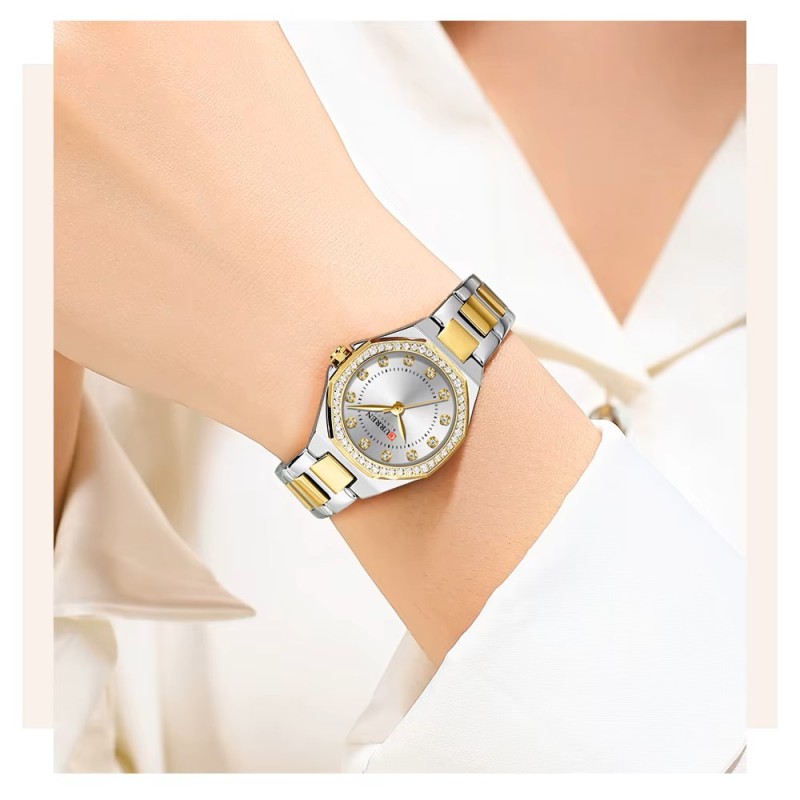 Женские часы Curren 9100 Silver-Gold-White из нержавеющей стали, комбинированный браслет
