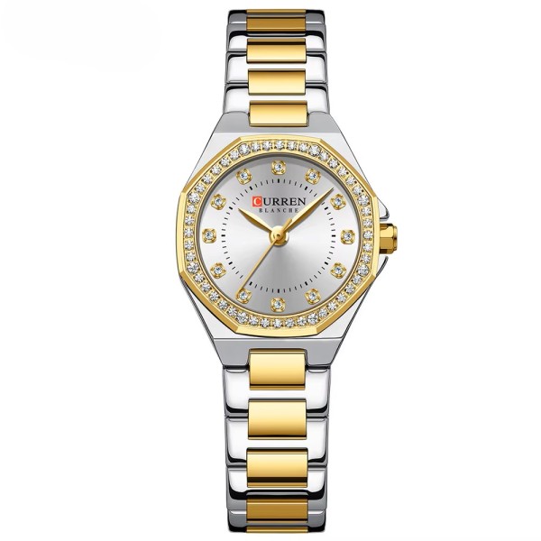 Женские часы Curren 9100 Silver-Gold-White из нержавеющей стали, комбинированный браслет