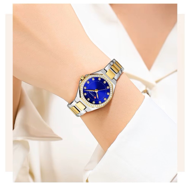 Женские часы Curren 9100 Silver-Gold-Blue с минеральным стеклом и стальным корпусом