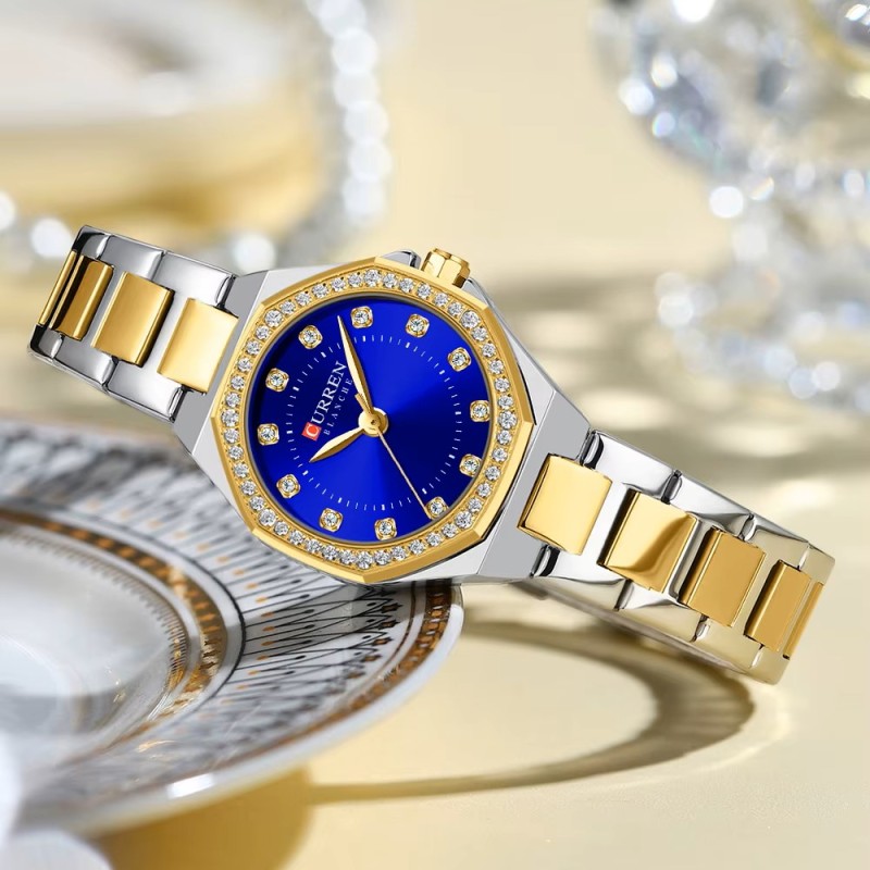 Женские часы Curren 9100 Silver-Gold-Blue с минеральным стеклом и стальным корпусом