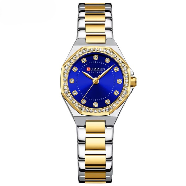 Женские часы Curren 9100 Silver-Gold-Blue с минеральным стеклом и стальным корпусом