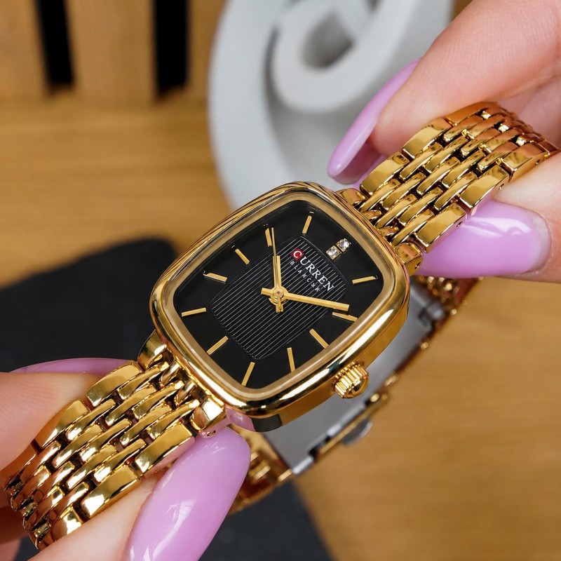 Женские часы Curren 9093 Gold-Black с золотистым браслетом и черным циферблатом