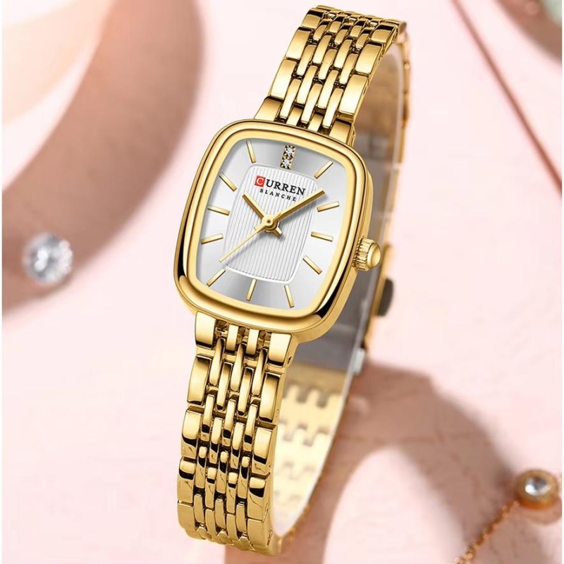 Жіночий наручний годинник Curren 9093 Gold-White з золотистим браслетом та прямокутним корпусом