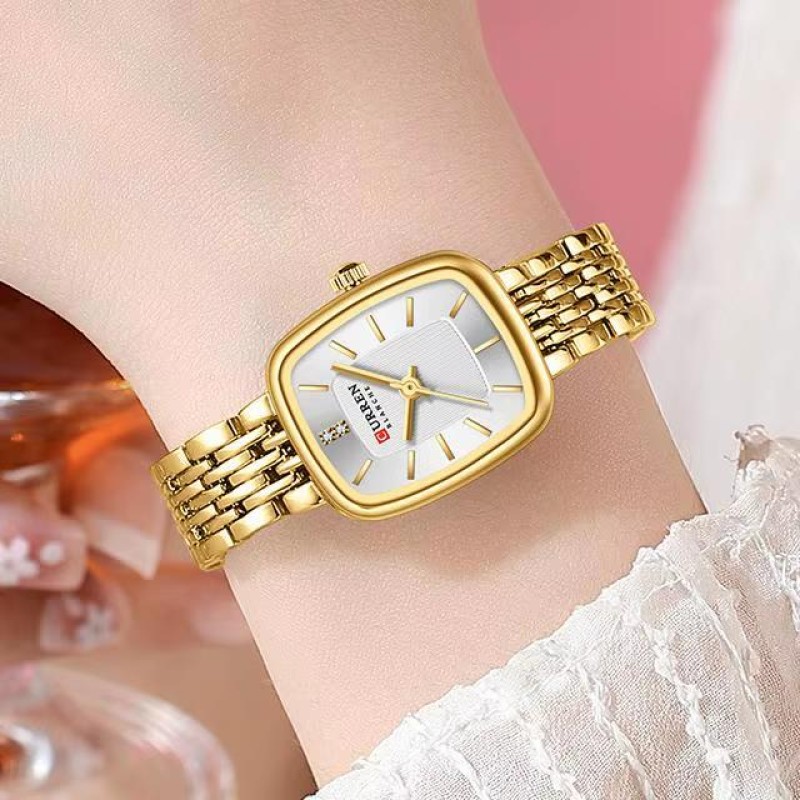 Жіночий наручний годинник Curren 9093 Gold-White з золотистим браслетом та прямокутним корпусом