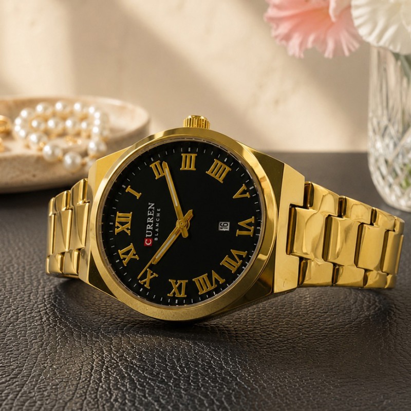 Женские классические часы Curren 9095 Gold-Black с металлическим браслетом и календарем
