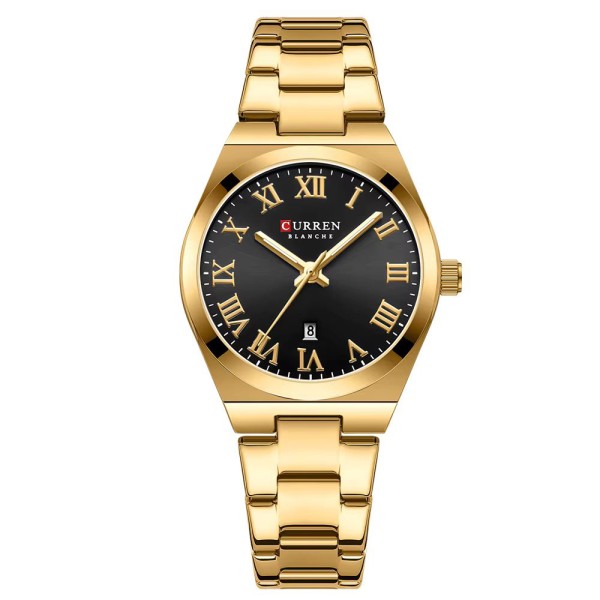 Женские классические часы Curren 9095 Gold-Black с металлическим браслетом и календарем